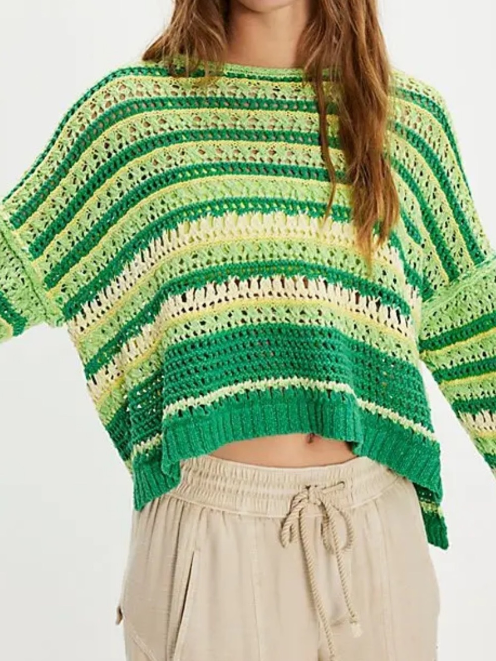 FREE PEOPLE Madelyn pullover Green Striped Crochet-Knit Women’s Sweater S-L